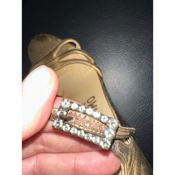VINTAGE FERRAGAMO GOLD METALLIC LEATHER WEDGE HEELS RHINESTONE BUCKLE 7.5N - Picture 4 of 14